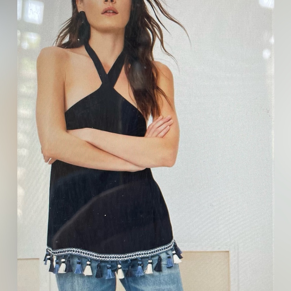 Tularosa Cory navy blue halter top with tassels and embroidery